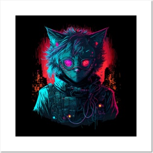 Cyberpunk neon cat Posters and Art